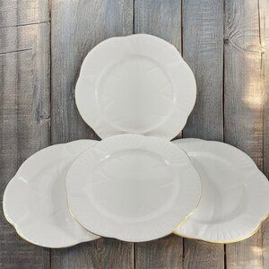Shelley Dainty White Dish Plate Set Flower Shaped Gold Trim Set 4 Bone China Set